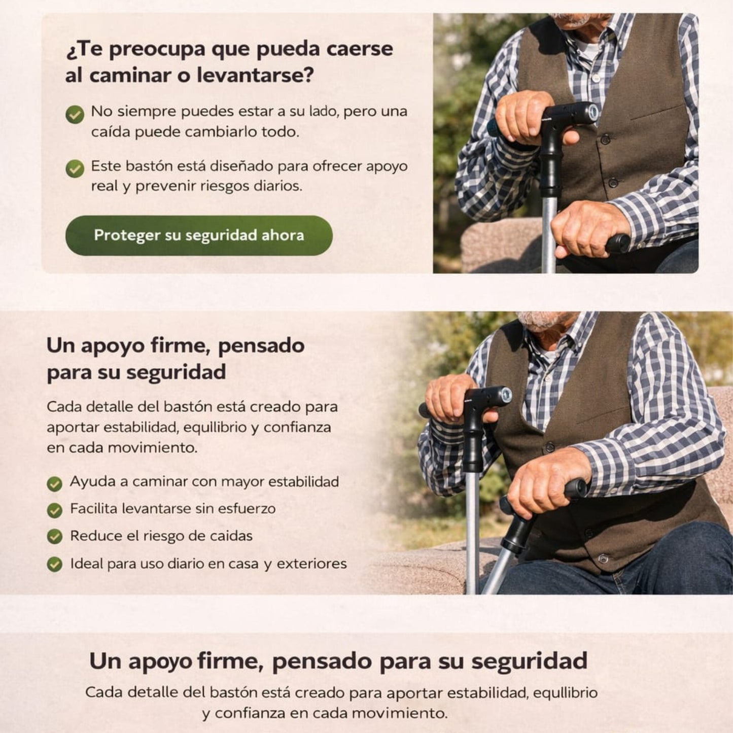 ¡Bastón Extensible Con Luz Led, Alarma, Base Estable Y Pinza Recoge objetos!