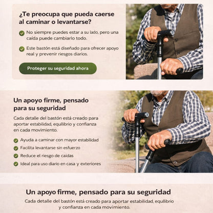 ¡Bastón Extensible Con Luz Led, Alarma, Base Estable Y Pinza Recoge objetos!