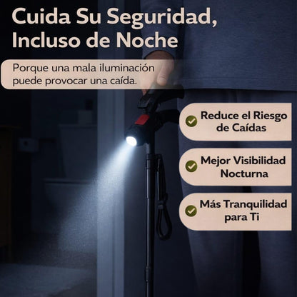 ¡Bastón Extensible Con Luz Led, Alarma, Base Estable Y Pinza Recoge objetos!