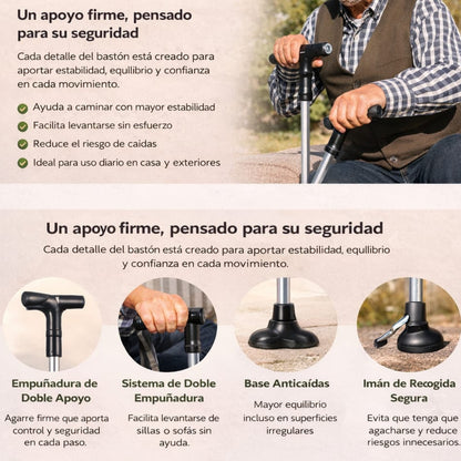 ¡Bastón Extensible Con Luz Led, Alarma, Base Estable Y Pinza Recoge objetos!